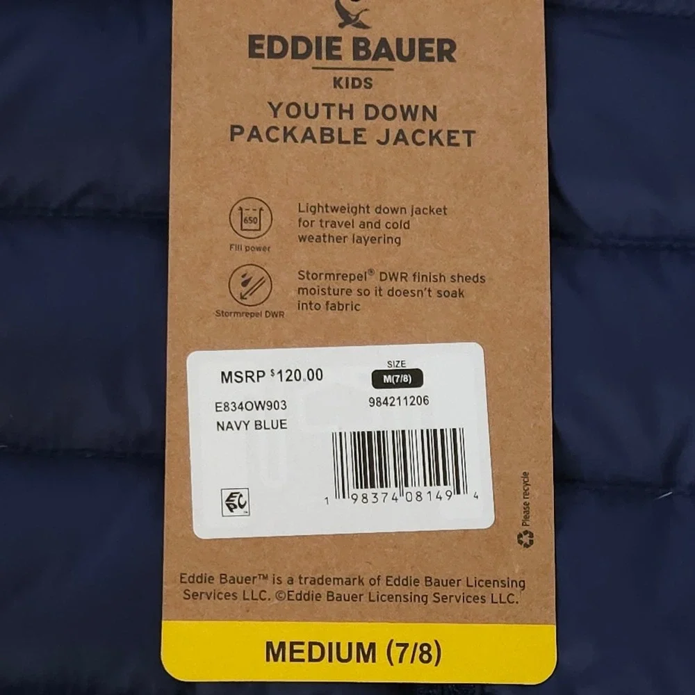 Eddie Bauer Kids Youth‎ M 7/8 Navy Blue 650 Fill Down Packable Puffer Jacket New